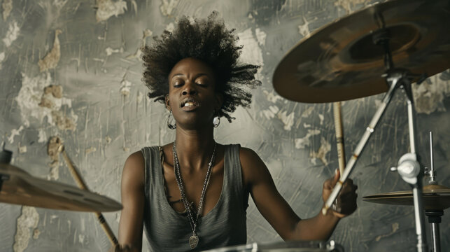 an enthusiastic musician is captured in motion, intensely playing a drum set with her hair flowing dynamically around her.