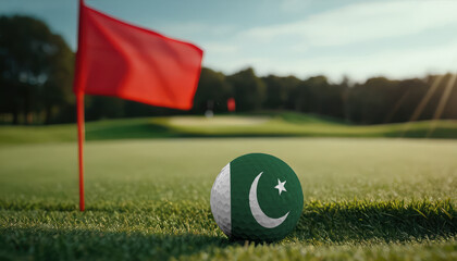 Golf ball with Pakistan flag on green lawn or field, most popular sport in the world