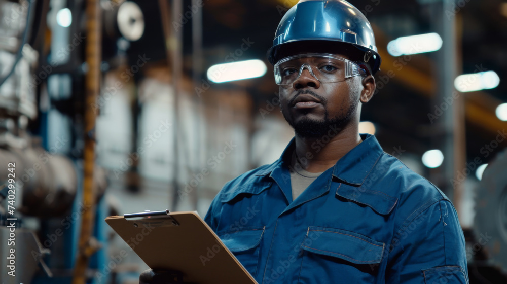 Poster a focused engineer with a tablet is inspecting or managing operations in an industrial environment.