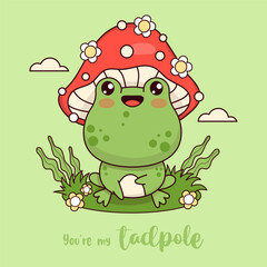 Cute frog fly agaric mushroom. Funny cartoon animal kawaii character. Vector illustration. Kids collection