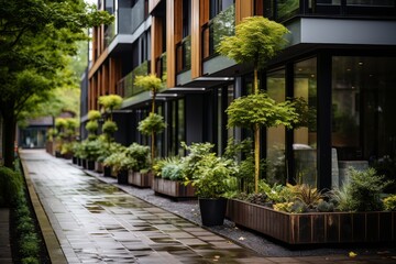 Fototapeta na wymiar Contemporary residential building with green plants and wet pavement on a cloudy day.