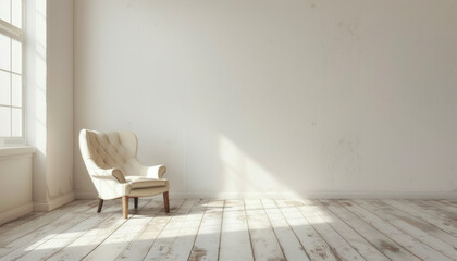 Elegant White Armchair in a Bright Minimalist Room with Copy Space