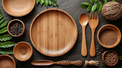 eco-friendly disposable tableware made of paper and wood on the background. the concept of recycling