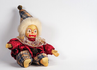 Vintage German doll sad clown with red nose doll in a red suit with and high cap. - 740299838