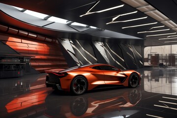 Sleek orange sports car showcased in a modern, luxurious showroom with reflective floors