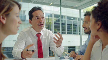 A professional in a white shirt and red tie actively engages in a discussion with colleagues around a conference table in a well-lit modern office.