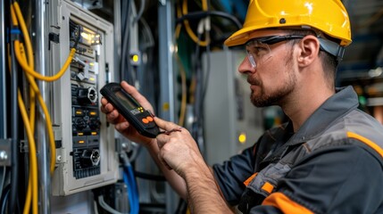 A diligent engineer in bluecollar workwear dons a hard hat and safety glasses as he skillfully uses a multimeter to troubleshoot electrical issues on a job site