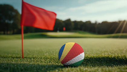 Golf ball with Seychelles flag on green lawn or field, most popular sport in the world