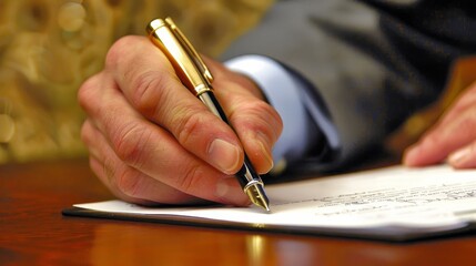 Precision and professionalism in every stroke, a hand guides the ball pen across the stationery,...