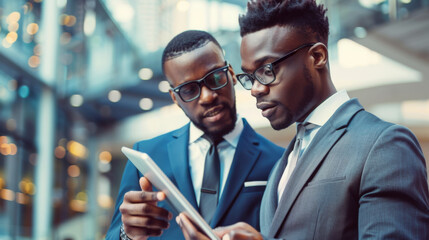 Two professionals in suits engaged in a focused discussion over a smartphone in an urban outdoor setting. - obrazy, fototapety, plakaty