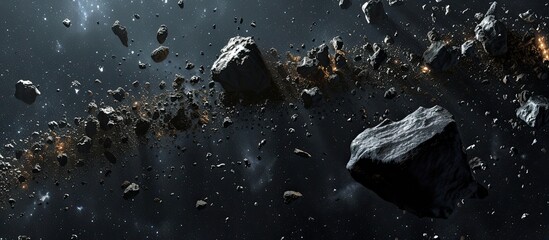 This 3D rendering showcases a space station navigating through a field of rocks and debris, reminiscent of the asteroid belt within our solar system. The image captures the precarious nature of space