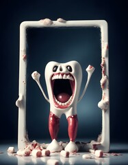 A jaw with arms and legs is bursting through a magenta rectangle picture frame in this fictional character event, creating a unique and eyecatching art piece