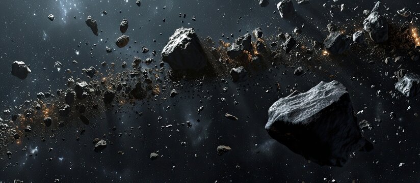 This 3D rendering showcases a space station navigating through a field of rocks and debris, reminiscent of the asteroid belt within our solar system. The image captures the precarious nature of space