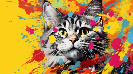 A close-up of a cat's head with a surprised muzzle and wide-open eyes on a yellow background. Funny cat.