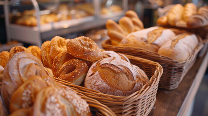 assortment of freshly baked breads and pastries, arranged in wicker baskets and on shelves
