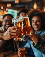 Group of happy friends drinking and toasting beer at brewery bar restaurant. Friendship concept with young people having fun together at cool pub. - obrazy, fototapety, plakaty