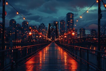 Dusk on a bridge with city lights in the background