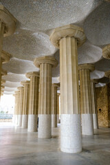 Columns and mosaics of Park Güell in the city of Barcelona