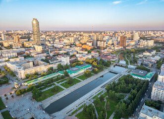 Embankment of the central pond and musical fountain. The historic center of the city of Yekaterinburg, Russia, Aerial View
