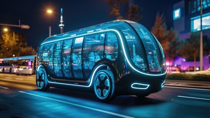 Obraz premium futuristic autonomous car with transparent OLED displays instead of windows, merging digital and physical worlds for passengers