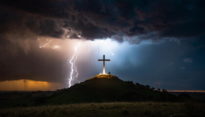Cross on the hill at the rain night and lightning.