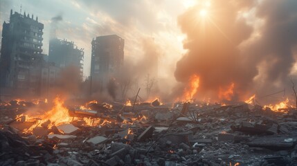 Post-apocalyptic city destruction scene with fire and smoke