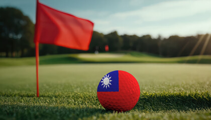 Golf ball with Taiwan flag on green lawn or field, most popular sport in the world