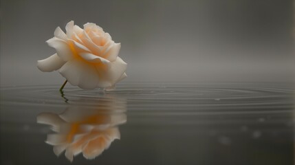 Elegant peach rose with soft reflection on water surface