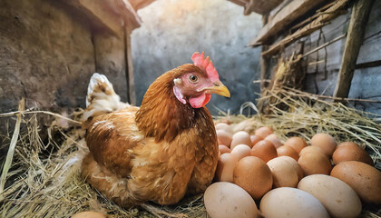 Poultry farm. Chicken with eggs in the  farm