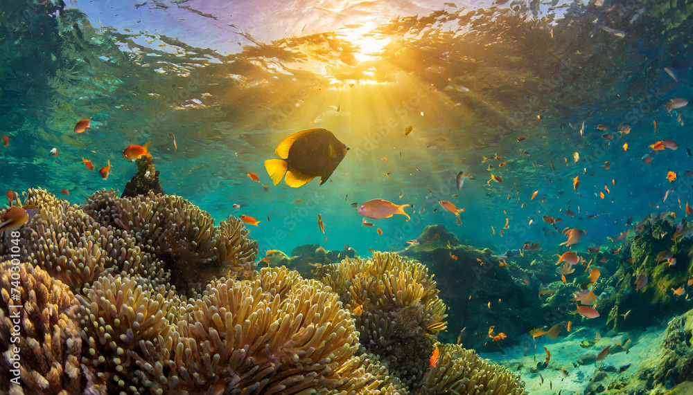 Sticker Coral reef and fishes underwater.