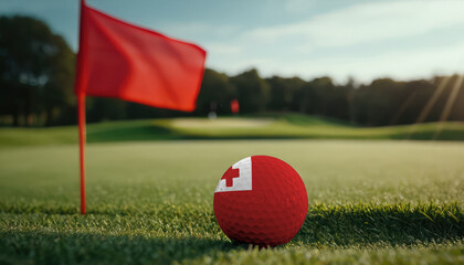Golf ball with Tonga flag on green lawn or field, most popular sport in the world