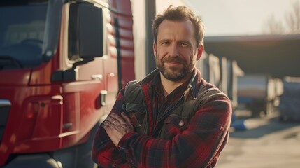 A rugged man stands confidently with arms crossed, his weathered face framed by a bushy beard, as a bright red truck sits idly behind him, symbolizing his strong connection to the outdoors and his un