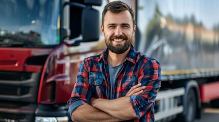 A rugged man with a bushy beard and flannel shirt stands confidently next to his red truck, the...