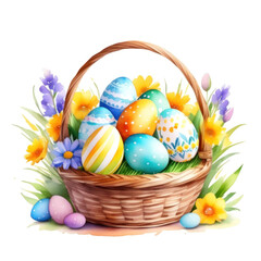 Fototapeta premium Basket with colored Easter eggs and flowers. Hand-drawn watercolor illustration, isolated on white background