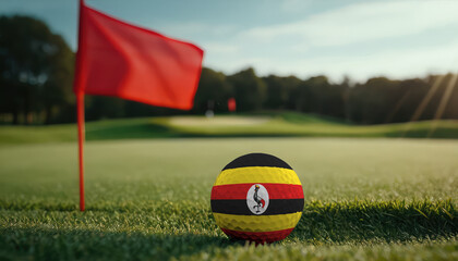 Golf ball with Uganda flag on green lawn or field, most popular sport in the world
