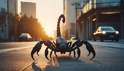 Huge scorpion monster  in the town on the street, on sunset , - obrazy, fototapety, plakaty