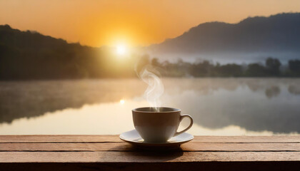 Cup of coffee on the table with view on the lake and mountains at the sunset. 