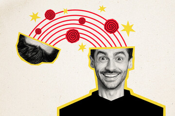 Collage picture of cheerful black white colors guy opened head painted stars hypnosis isolated on...