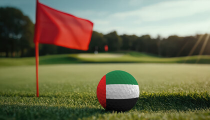 Golf ball with United Arab Emirates flag on green lawn or field, most popular sport in the world
