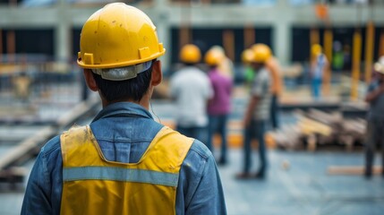A dedicated engineer in his high-visibility yellow hard hat stands proudly on the bustling street, ready to conquer any building project with his trusty headdress and workwear