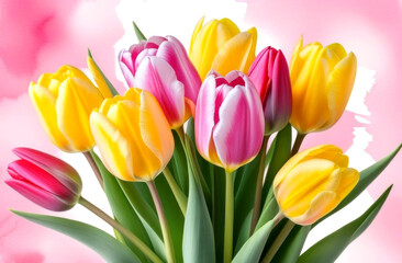 Close-up of a fresh bouquet of spring yellow and pink tulips on a watercolor blurred background. Illustration in pastel colors