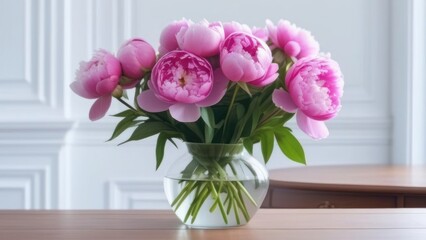 Transparent vase with pink peonies flowers on a wooden table, on a white wall background with elegant stucco. Beautiful flower bouquet