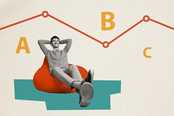 Creative trend collage of relaxed male sit bean bag look data info trading letters graph sign weird...