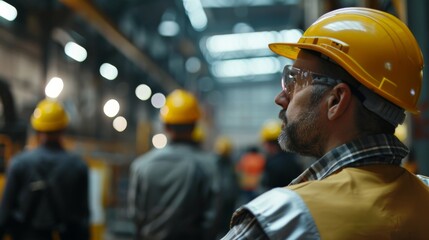 A determined blue-collar worker, donning a yellow hard hat and safety vest, confidently navigates the bustling streets of the city, his face set in a focused expression as he carries out his duties a