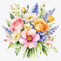 Spring flower bouquet for wedding, isolated illustration in pastel watercolor colors