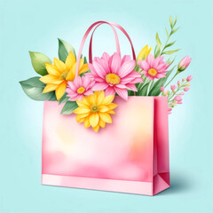 Pink shopping bag with pink and yellow spring flowers and leaves on a light blue background, pastel colors. Watercolor illustration