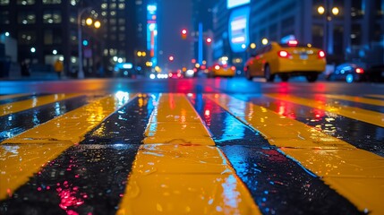 Glowing night city street with rain and reflective traffic lines - Powered by Adobe