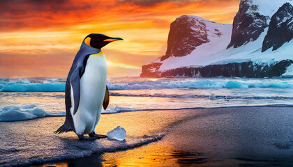 Fototapeta premium Penguin on beach in polar regions at the sunset.
