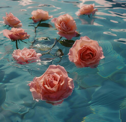 Summer scene with pink rose flowers in water. Sun and shadows. Minimal nature background.