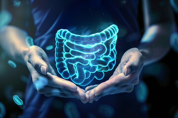doctor holding their hands over their stomach with an illustration of intestines super imposed over top, representing a healthy gut flora - obrazy, fototapety, plakaty